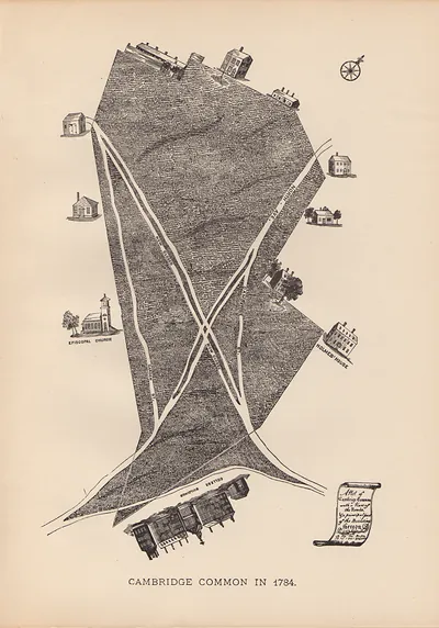 Cambridge Common in 1734, bird's-eye map with buildings