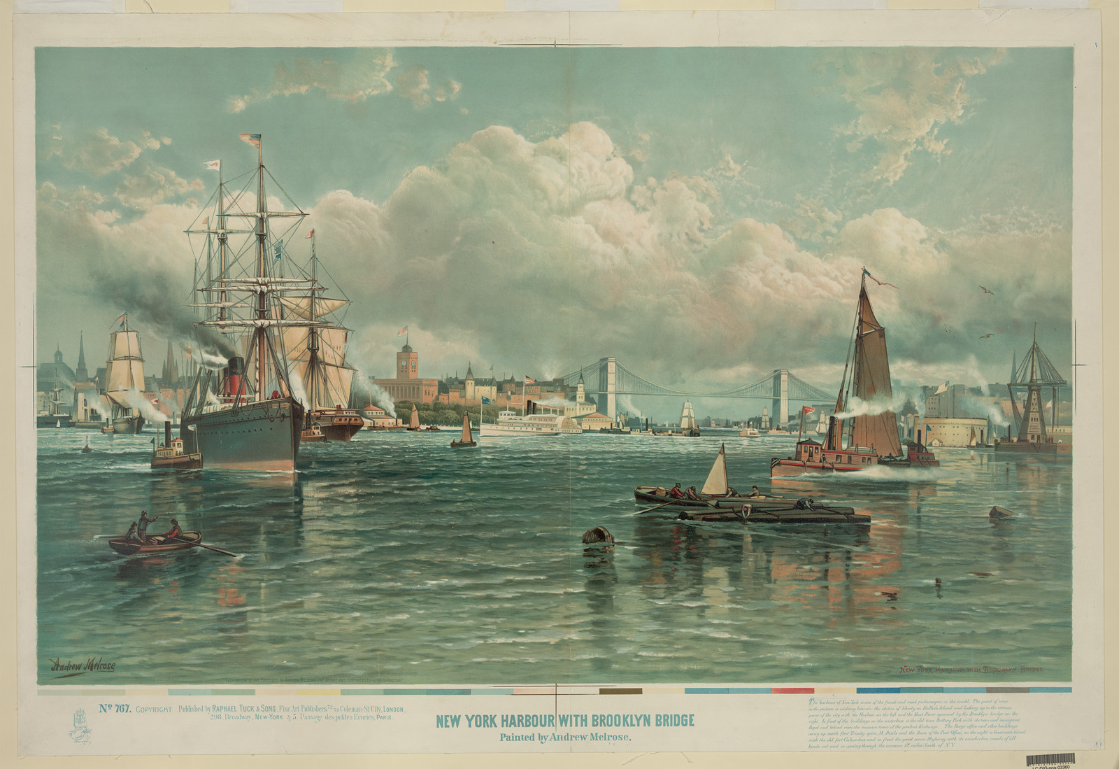 New York Harbor with Brooklyn Bridge — historic image