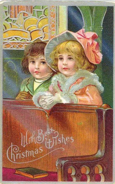 Vintage Christmas card with two children, "With Best Wishes