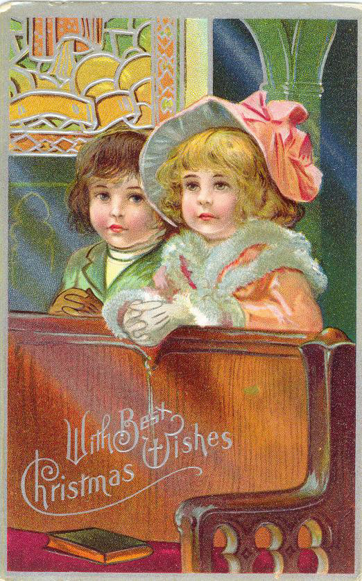 Vintage Christmas card with two children, "With Best Wishes — historic image