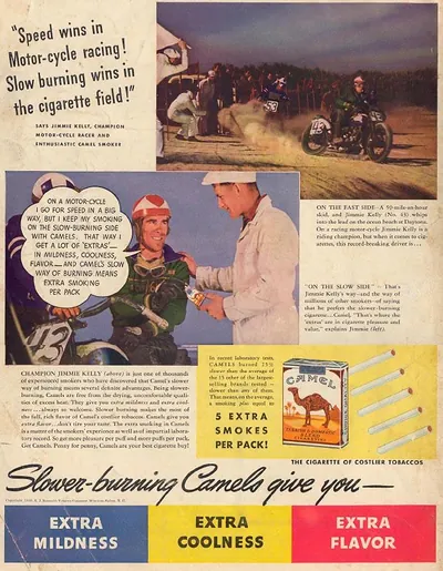 Camel cigarette advertisement: slower-burning Camels give you extra flavor