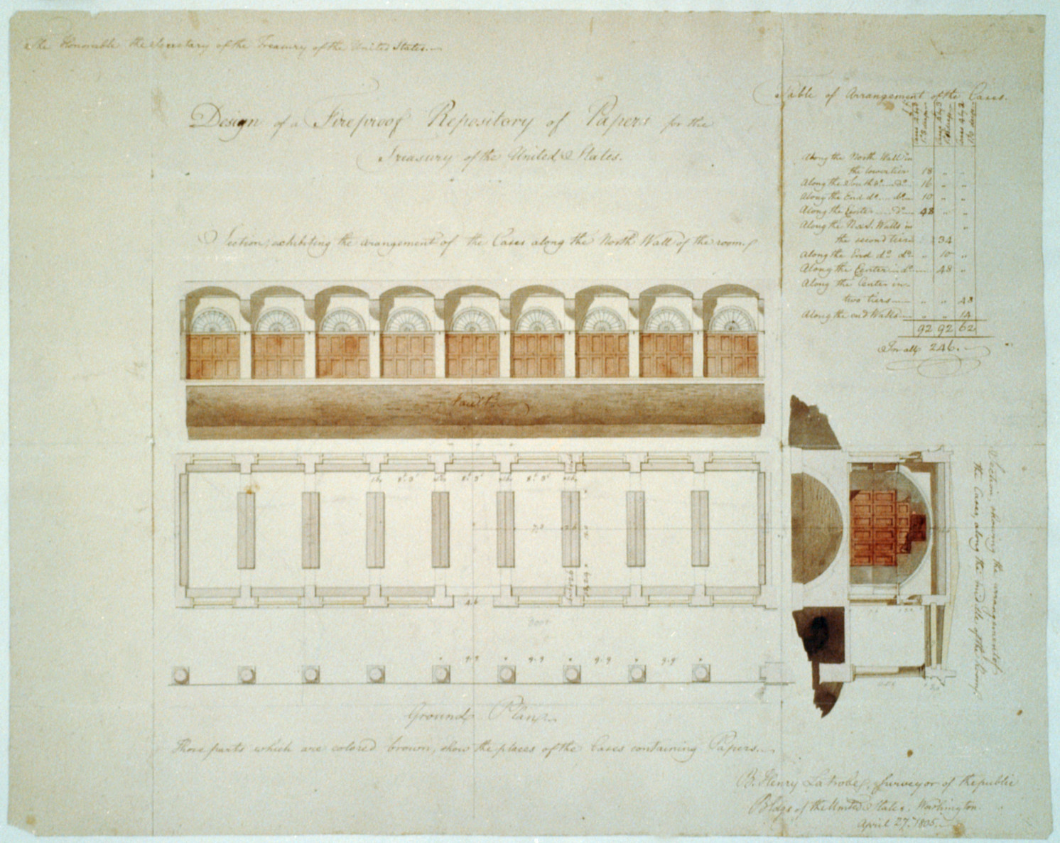 Architectural drawing for a fireproof repository for the Treasury Department, Washington, D.C., 1805 — historic drawing