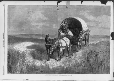 The Whiskey peddler on the Plains [Horse-drawn covered wagon]