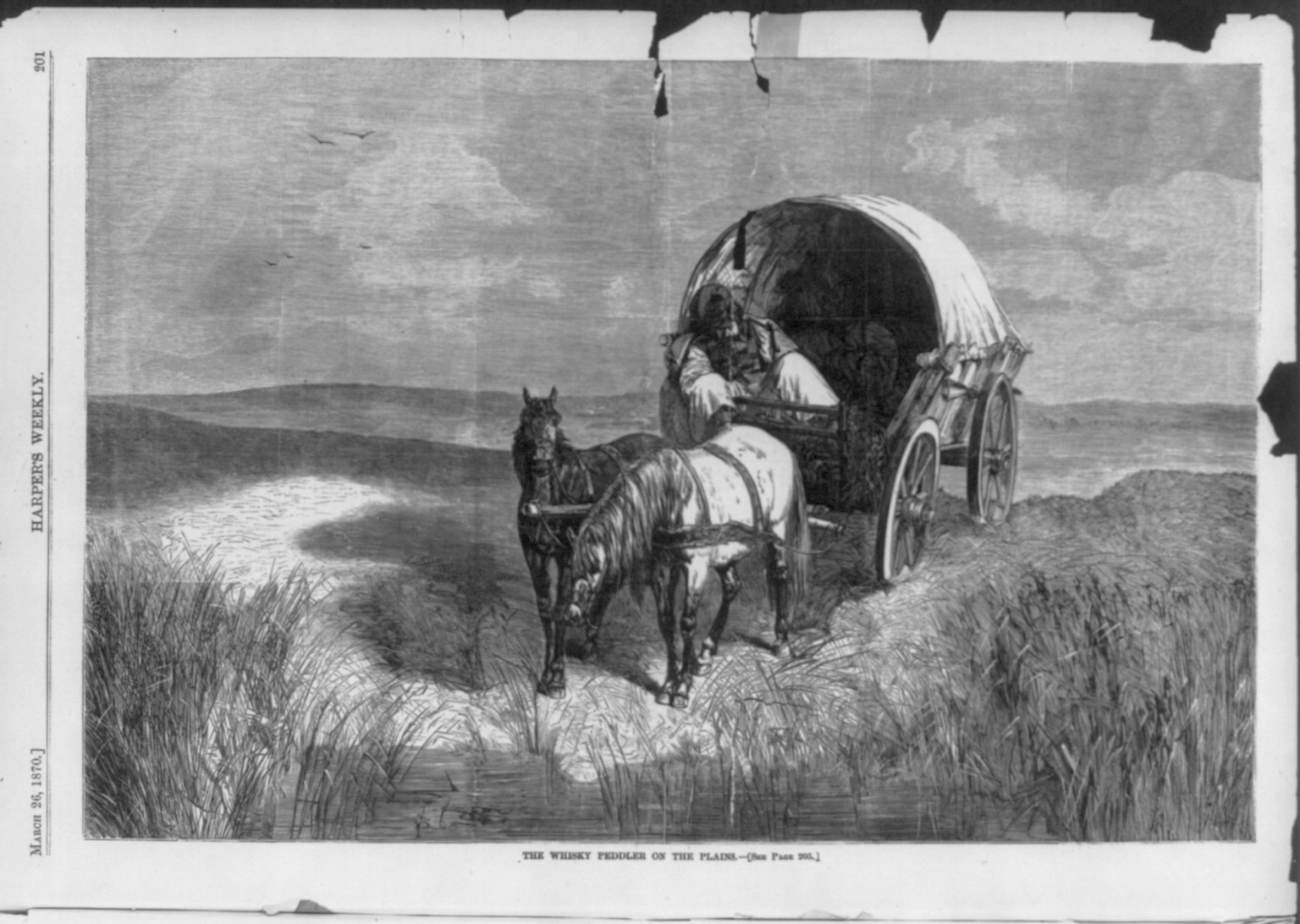 The Whiskey peddler on the Plains [Horse-drawn covered wagon], 1870 — antique engraving