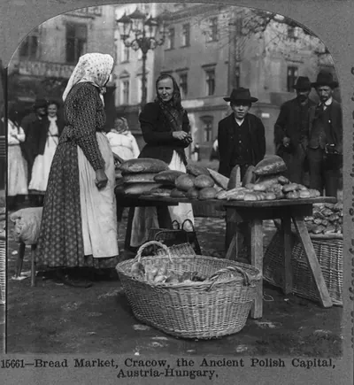 Bread market, Cracow, the ancient Polish capital, Austria-Hungary