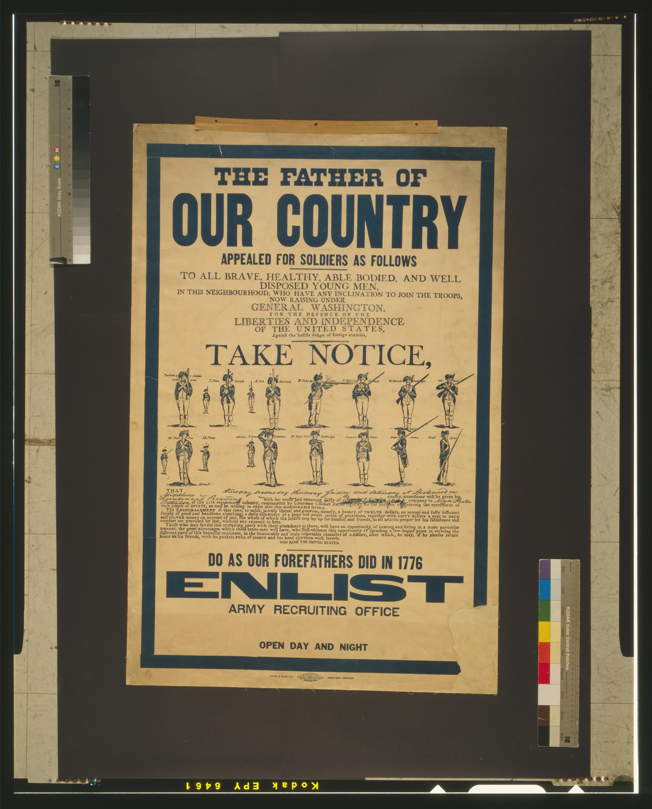 The father of our country appealed for soldiers as follows: to all brave, healthy, able bodied, and well disposed young men [...], Chicago : Ryan & Hart Co., printers, [between 1917 and 1919] — vintage poster
