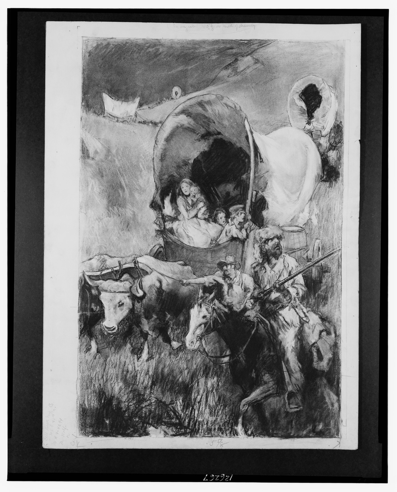 [Pioneers in covered wagons] — historic drawing