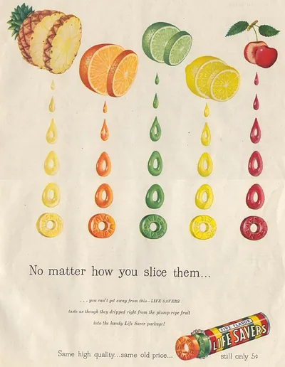 Life Savers magazine advertisement with fruit slices and candy drops