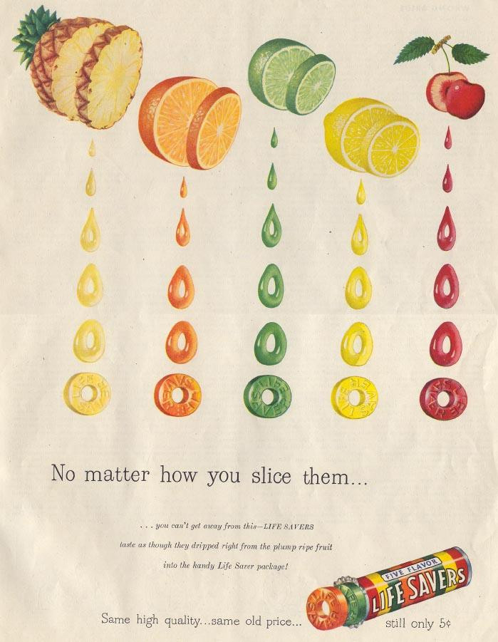 Life Savers magazine advertisement with fruit slices and candy drops — historic image