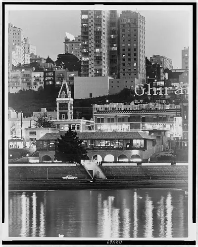 [Partial view of Ghirardelli Square overlooking San Francisco's Aquatic Park lagoon]