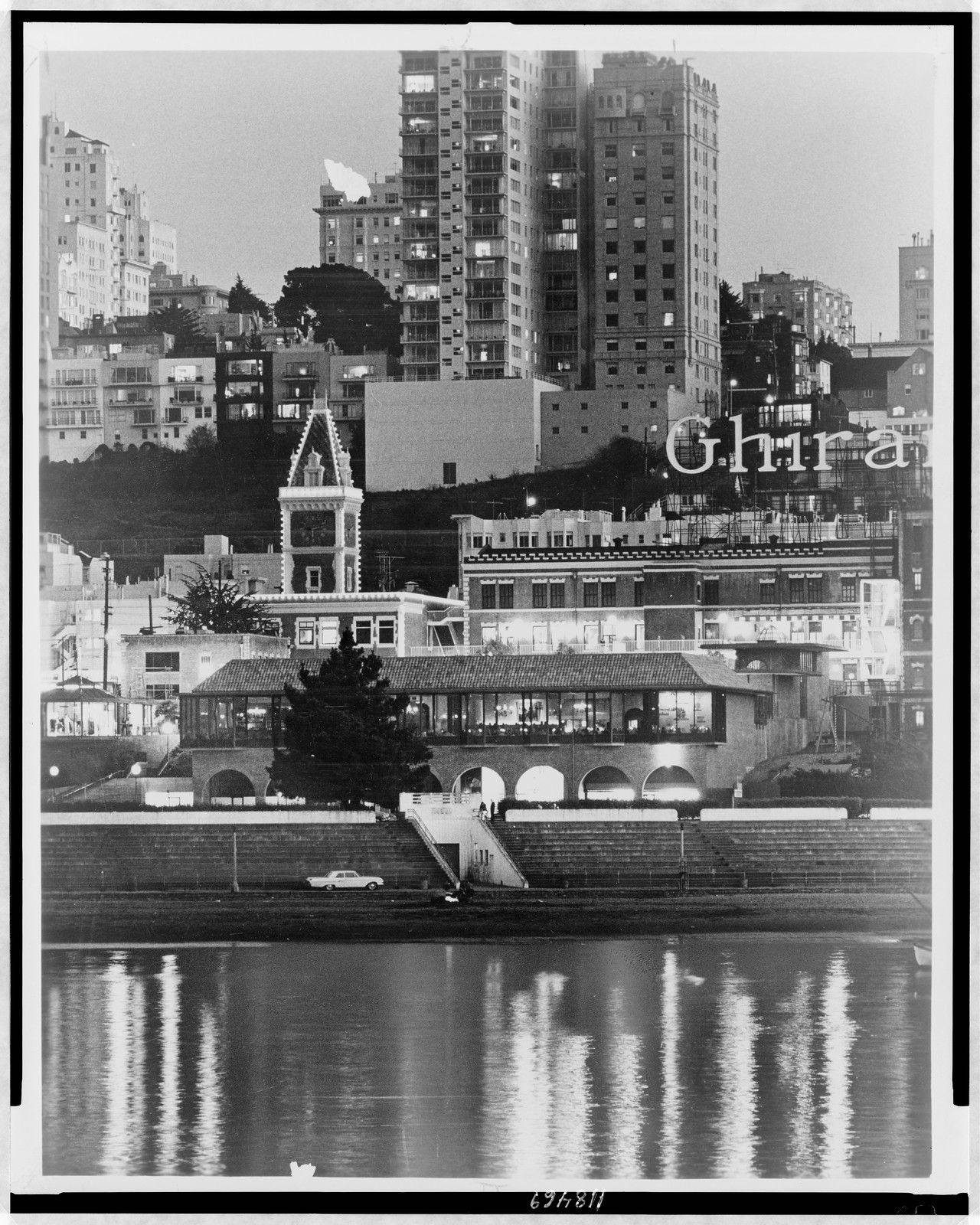 [Partial view of Ghirardelli Square overlooking San Francisco's Aquatic Park lagoon] — historic photograph