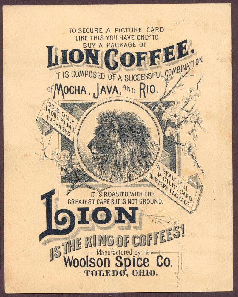 Lion Coffee trade card by Woolson Spice Co., Toledo — historic image