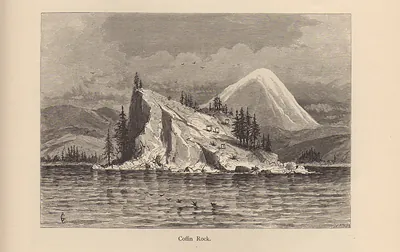 Coffin Rock, engraved island with trees and a snowy peak