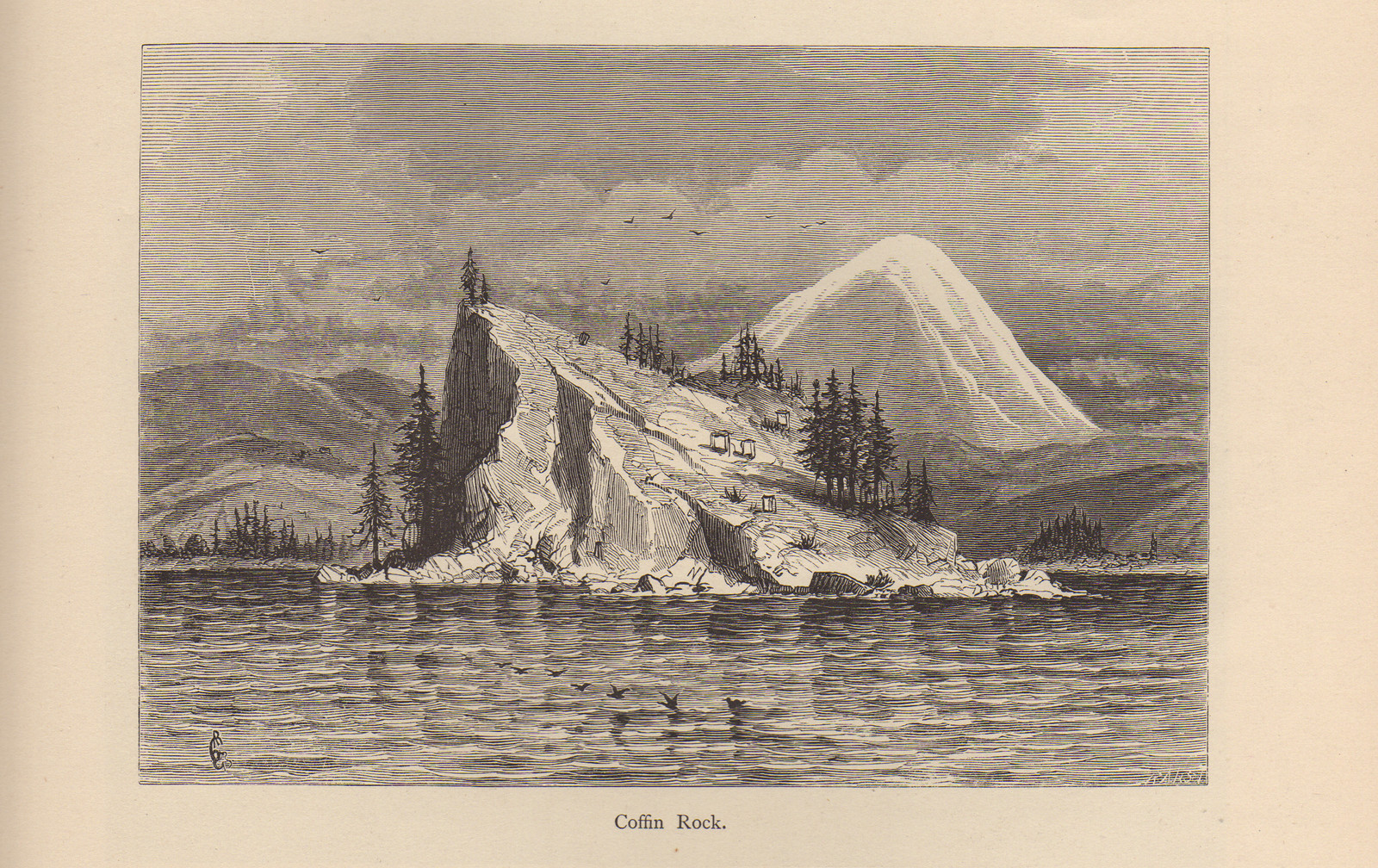 Coffin Rock, engraved island with trees and a snowy peak — historic image