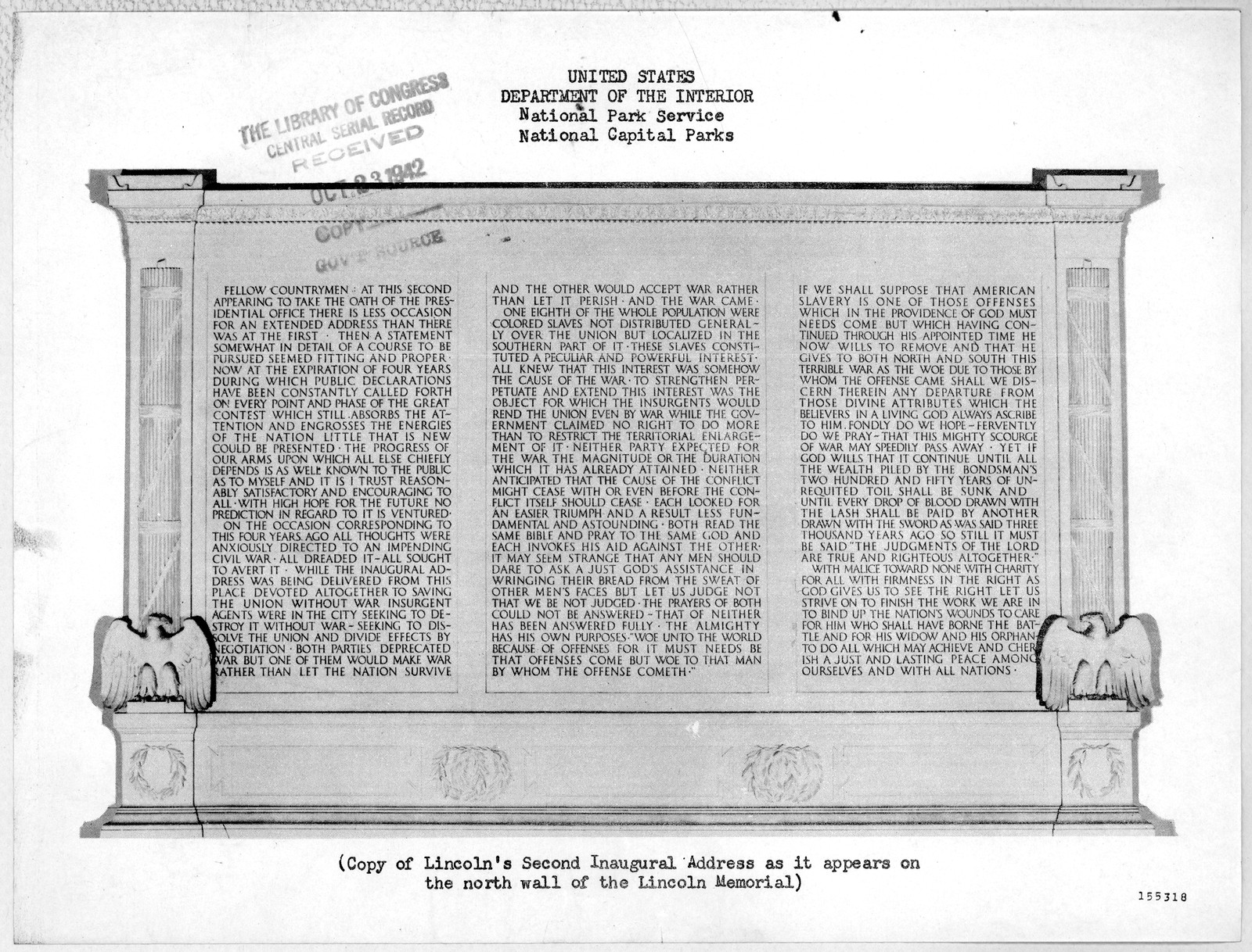 Copy of Lincoln's Second Inaugural Address on the Lincoln Memorial north wall — historic image