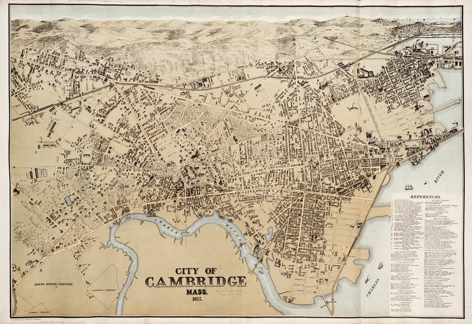 City of Cambridge, Mass., 1877 bird's-eye map, 1877 — antique map