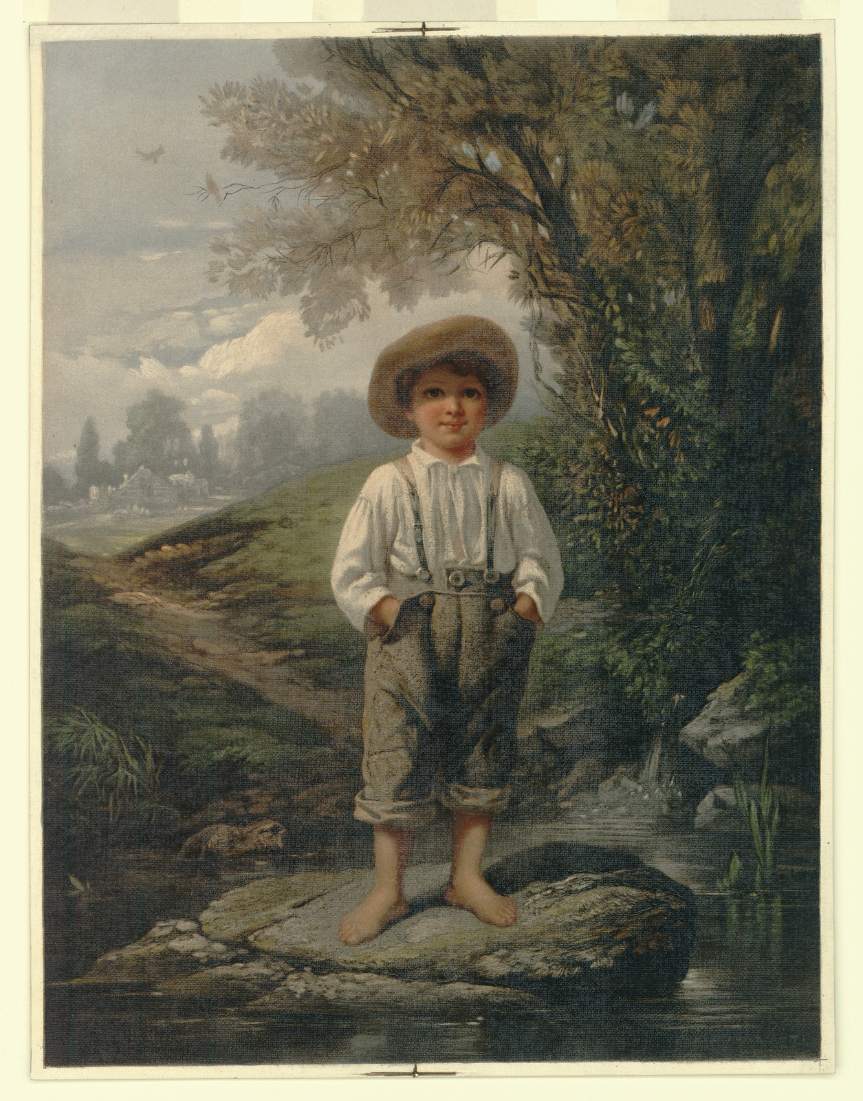 Barefoot boy in hat standing on a rock in a stream — historic image