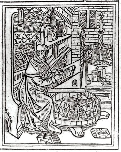 Seated scribe writing in library