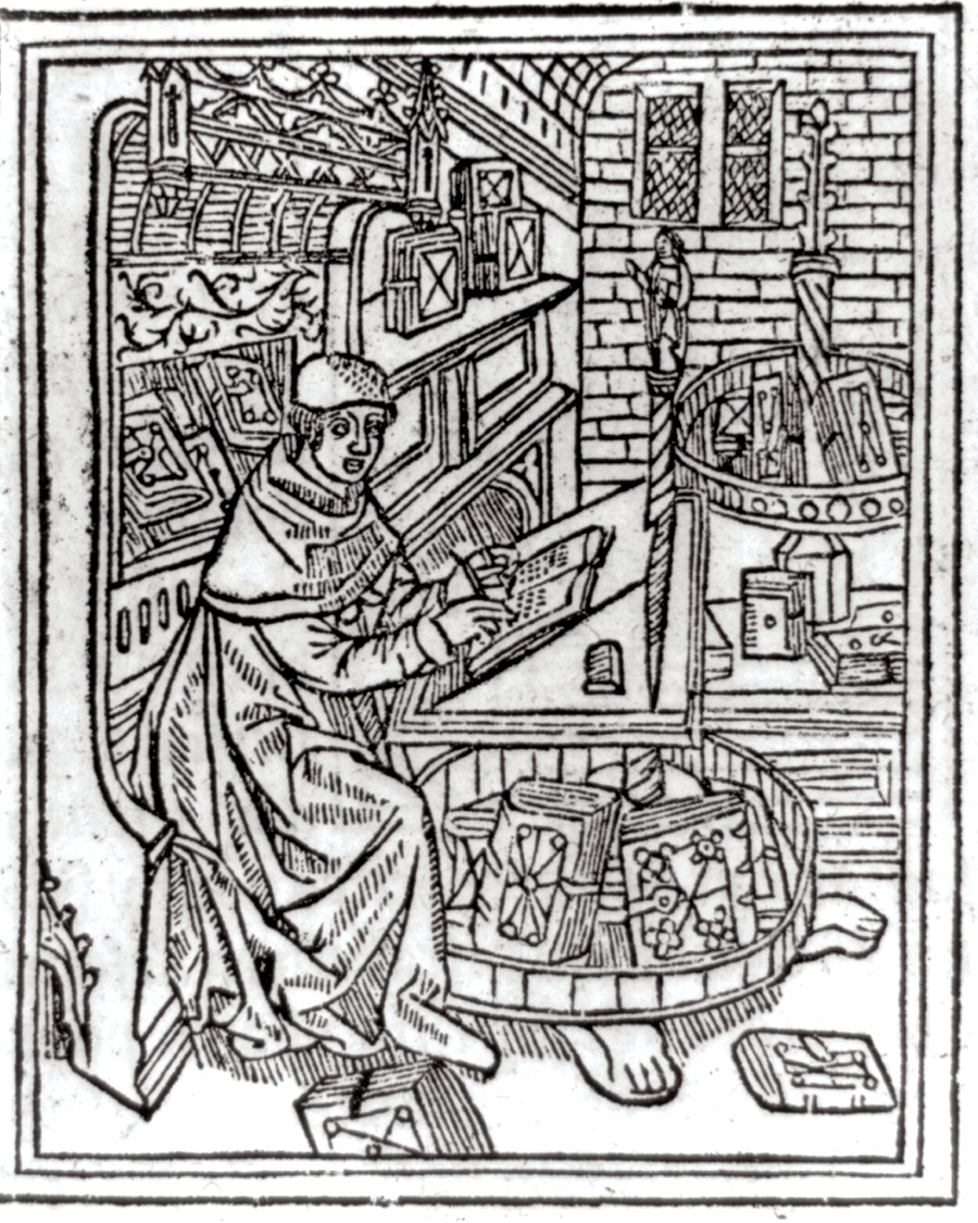 Seated scribe writing in library, [no date recorded on caption card] — historic print