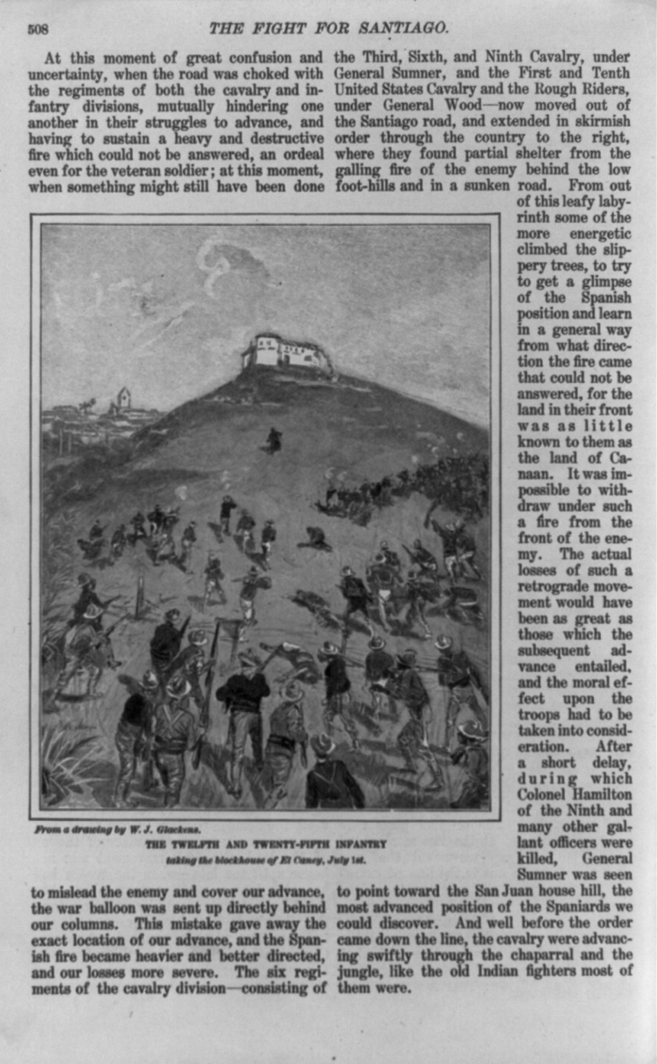 The Fight for Santiago. The Twelfth and Twenty-Fifth Infantry taking the blockhouse of El Caney, July 1st, 1898 — antique engraving
