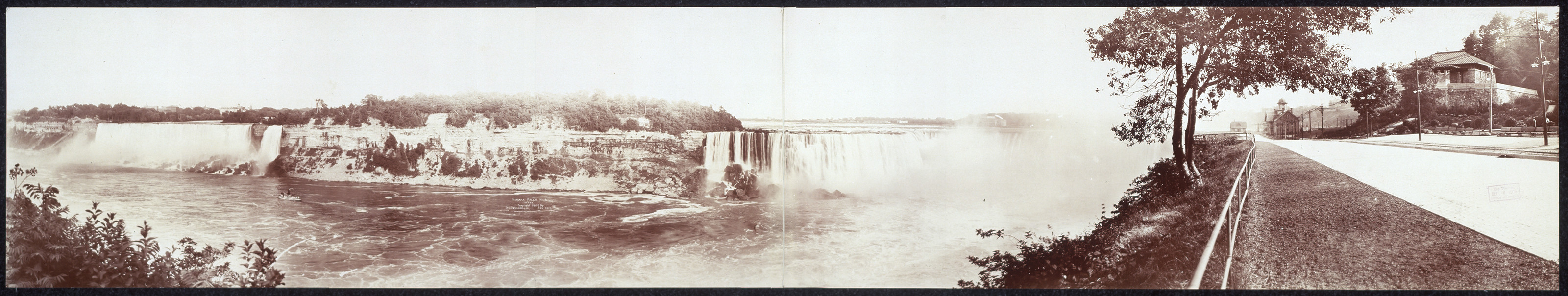 Panoramic sepia photograph of Niagara Falls and rapids — historic photograph