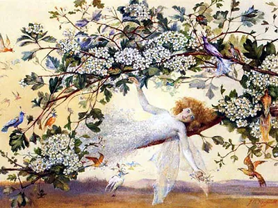 Winged fairy reclining in hawthorn blossom with songbirds