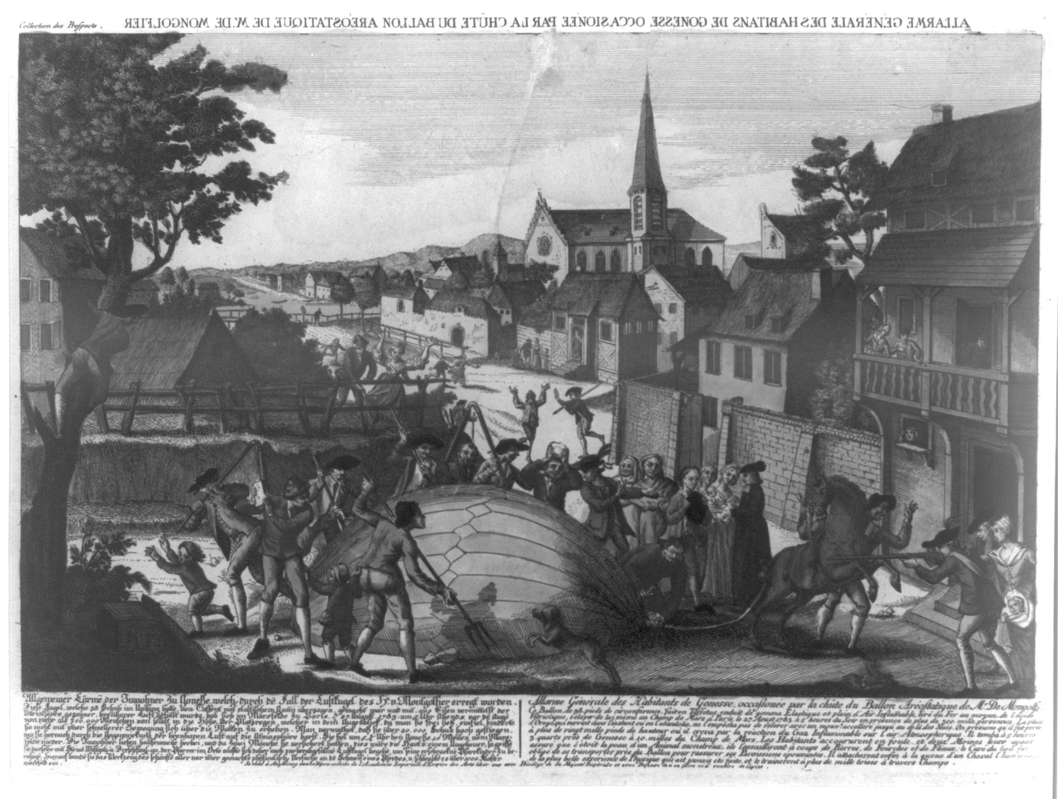 Allarme générale des habitants de Gonesse occasionée par la chûte du ballon aréostatique de Mr. de Mongolfier, [Augsbourg] : Se vend à Augsbourg dans le Negoce com̄un de l'Academie Imperiale d'Empire des Arts libér aux avec privilège de sa Majesté Imperiale ..., [1783] — historic print