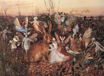 Fairies gathered around a hare in a dusk field