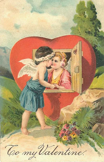 To my Valentine: cherub kissing girl at heart-shaped window