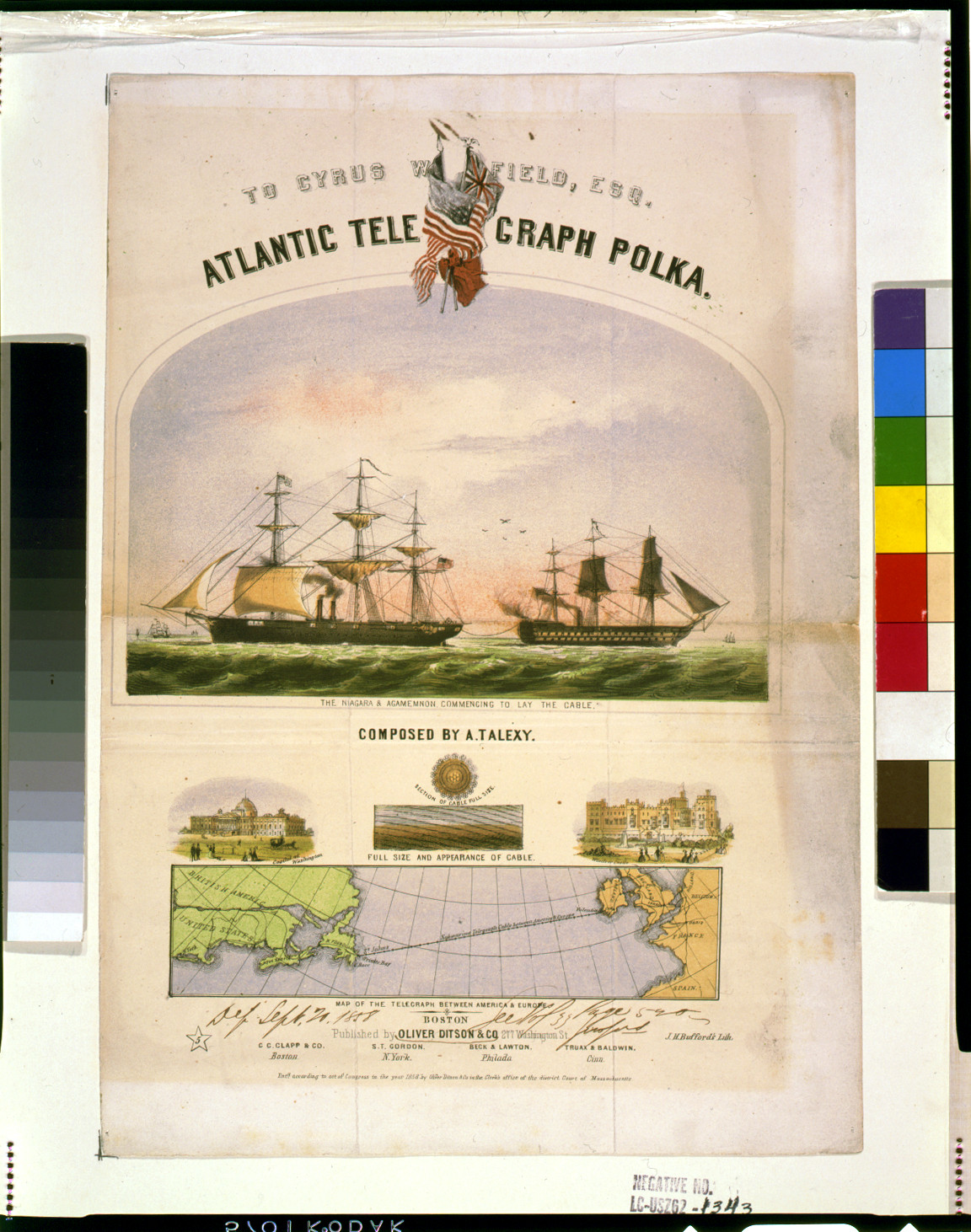 Atlantic telegraph polka The Niagara & Agamemnon commencing to lay the cable / J.H. Bufford's lith., Boston : published by Oliver Ditson & Co., c1858. — antique lithograph