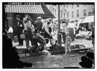 Summer scene, N.Y. - drinking water from street pump