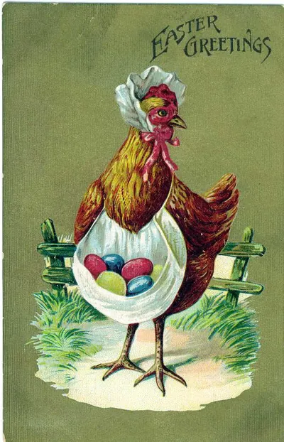 Easter Greetings postcard with hen carrying painted eggs