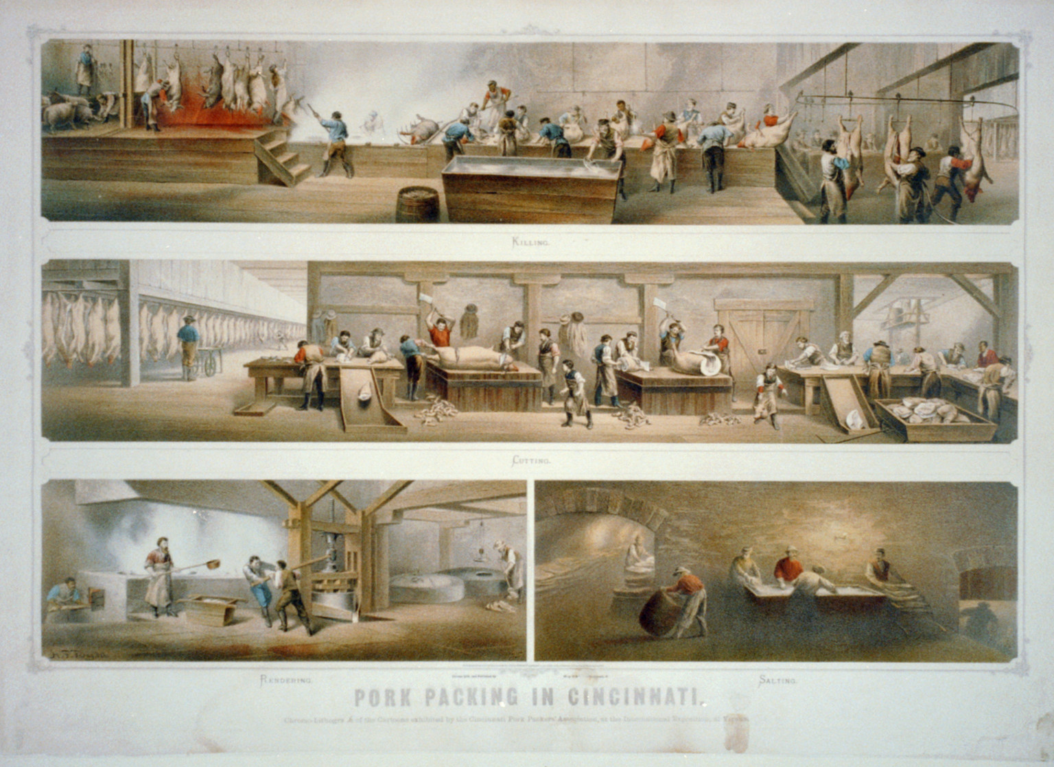 Pork packing in Cincinnati / H. F. Farny del. ; AF[?] C., Cincinnati, O. : Chromo lith. and published by Ehrgott & Krebs, c1873. — antique lithograph