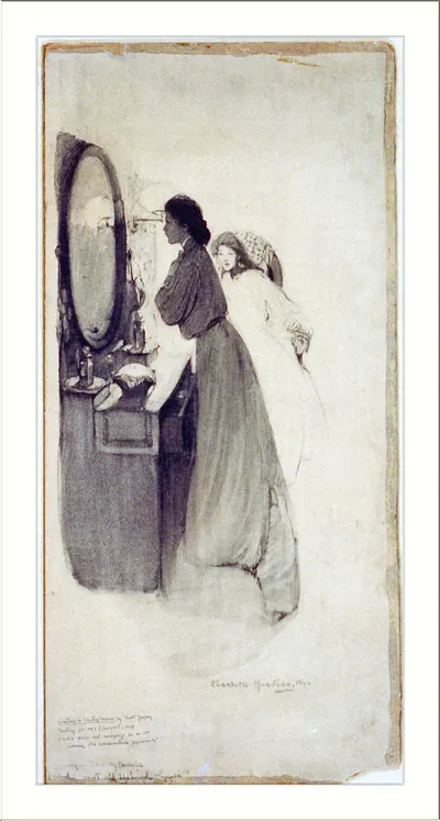 Two women at a dressing table before a mirror