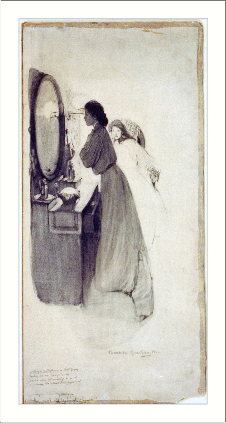 Two women at a dressing table before a mirror — historic image