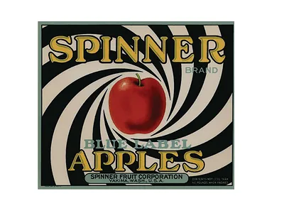 Spinner Brand Blue Label Apples crate label, Yakima, Wash.