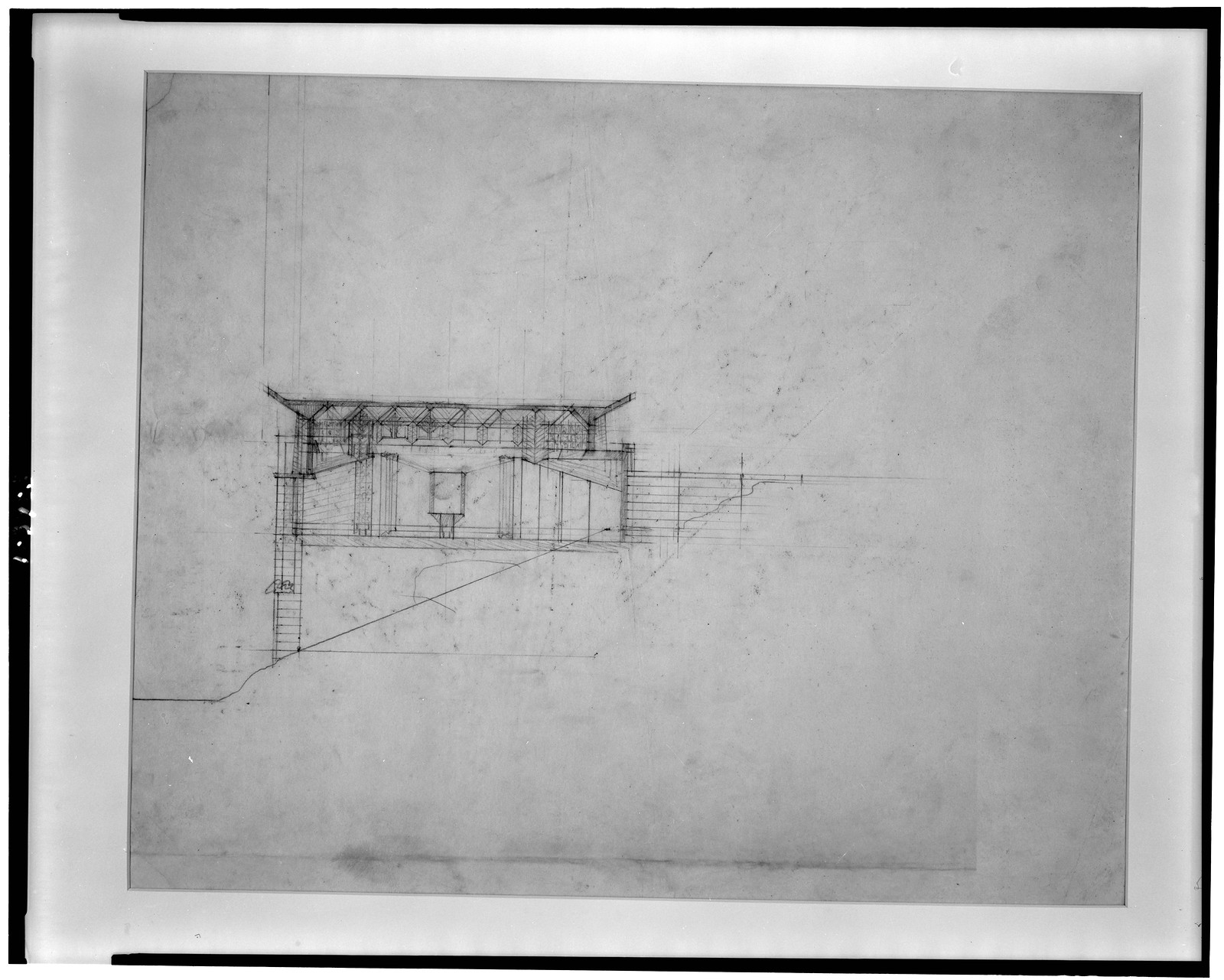 Pencil architectural section drawing of a building — vintage poster