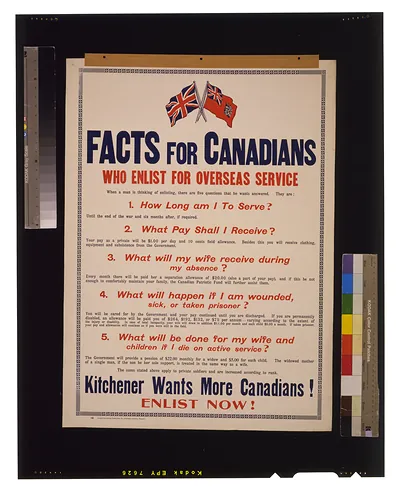 Facts for Canadians who enlist for overseas service. ... Kitchener wants more Canadians! Enlist now!