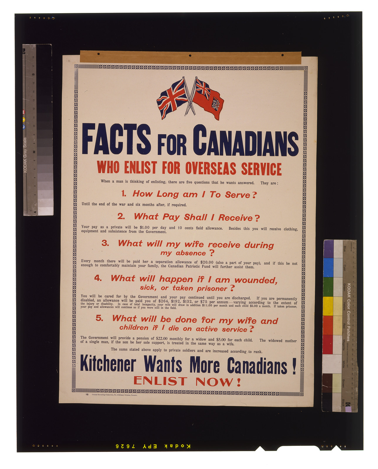 Facts for Canadians who enlist for overseas service. ... Kitchener wants more Canadians! Enlist now!, 1915 — vintage poster