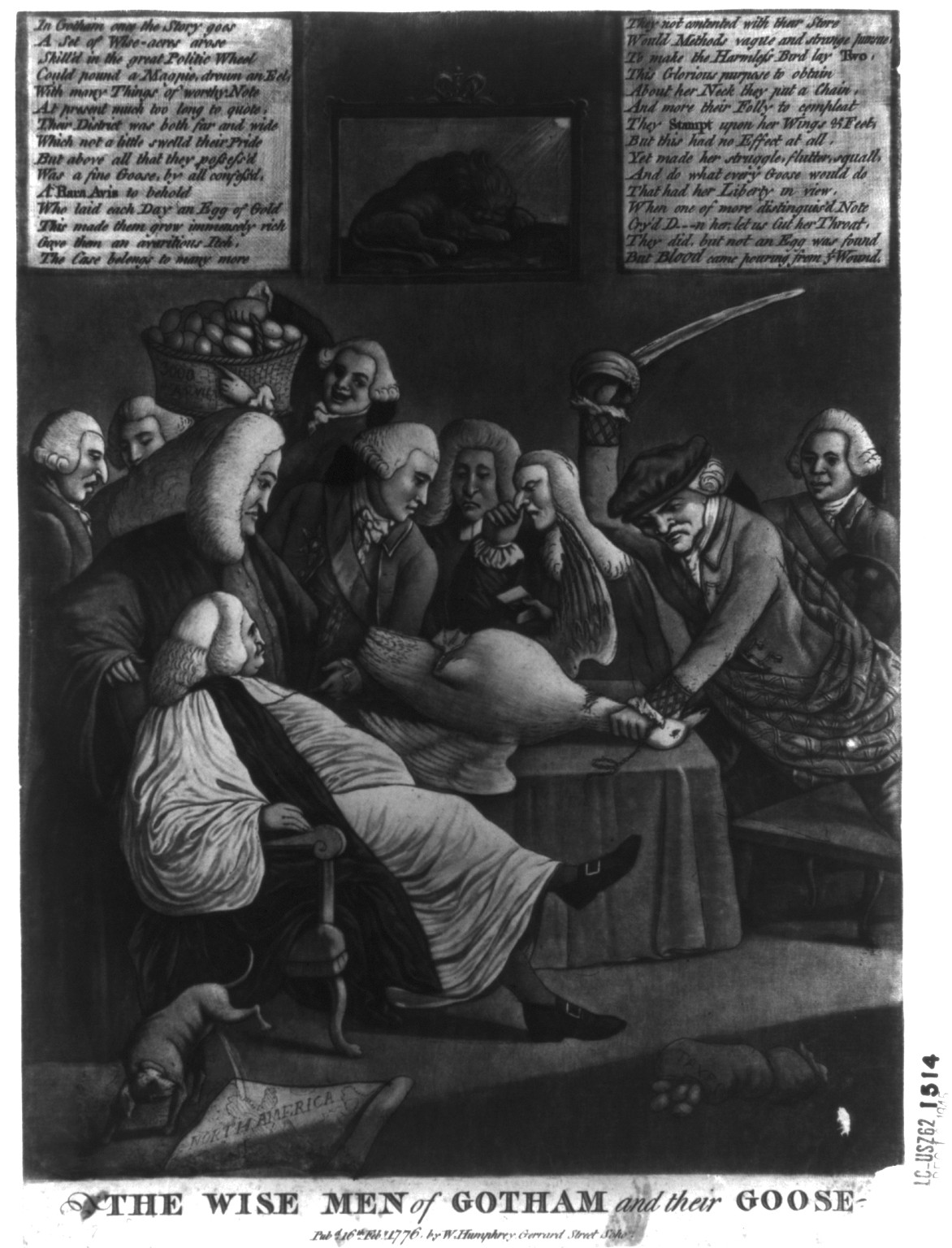The wise men of Gotham and their goose, [London] : Pubd. by W. Humphrey, Gerrard Street Soho, 1776 Feby. 16th. — historic print