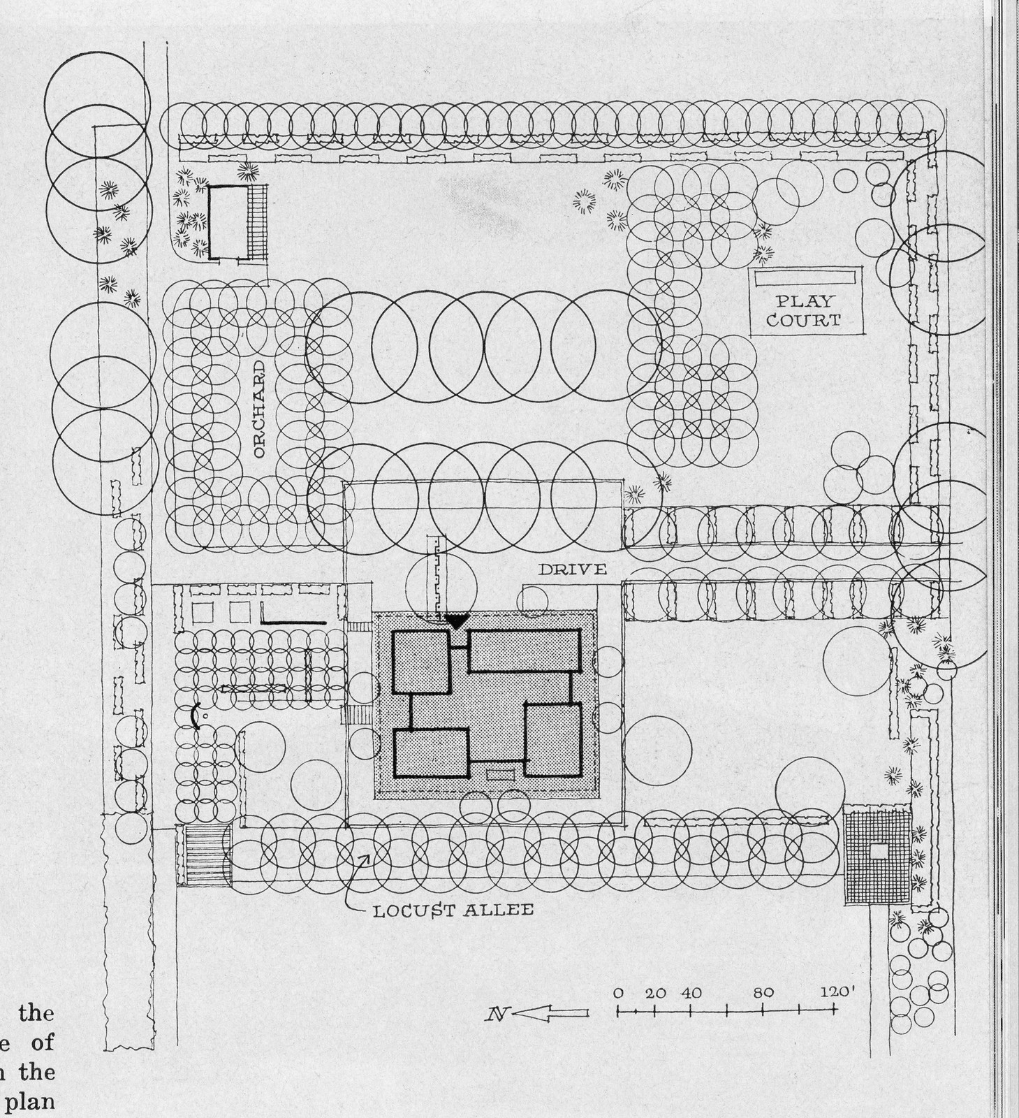 Landscape plan with orchard, play court and locust allee — historic image