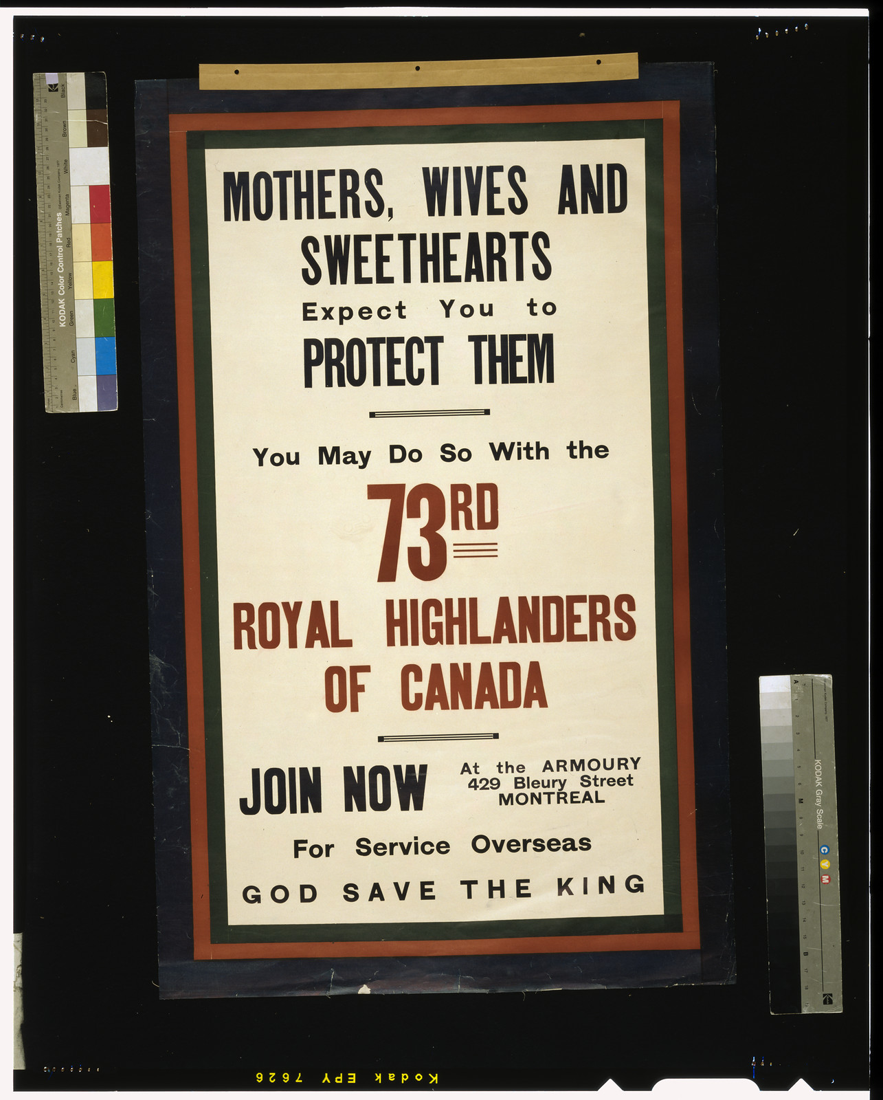 Mothers wives and sweethearts expect you to protect them. You may do so with the 73rd Royal Highlanders of Canada, 1914 — vintage poster