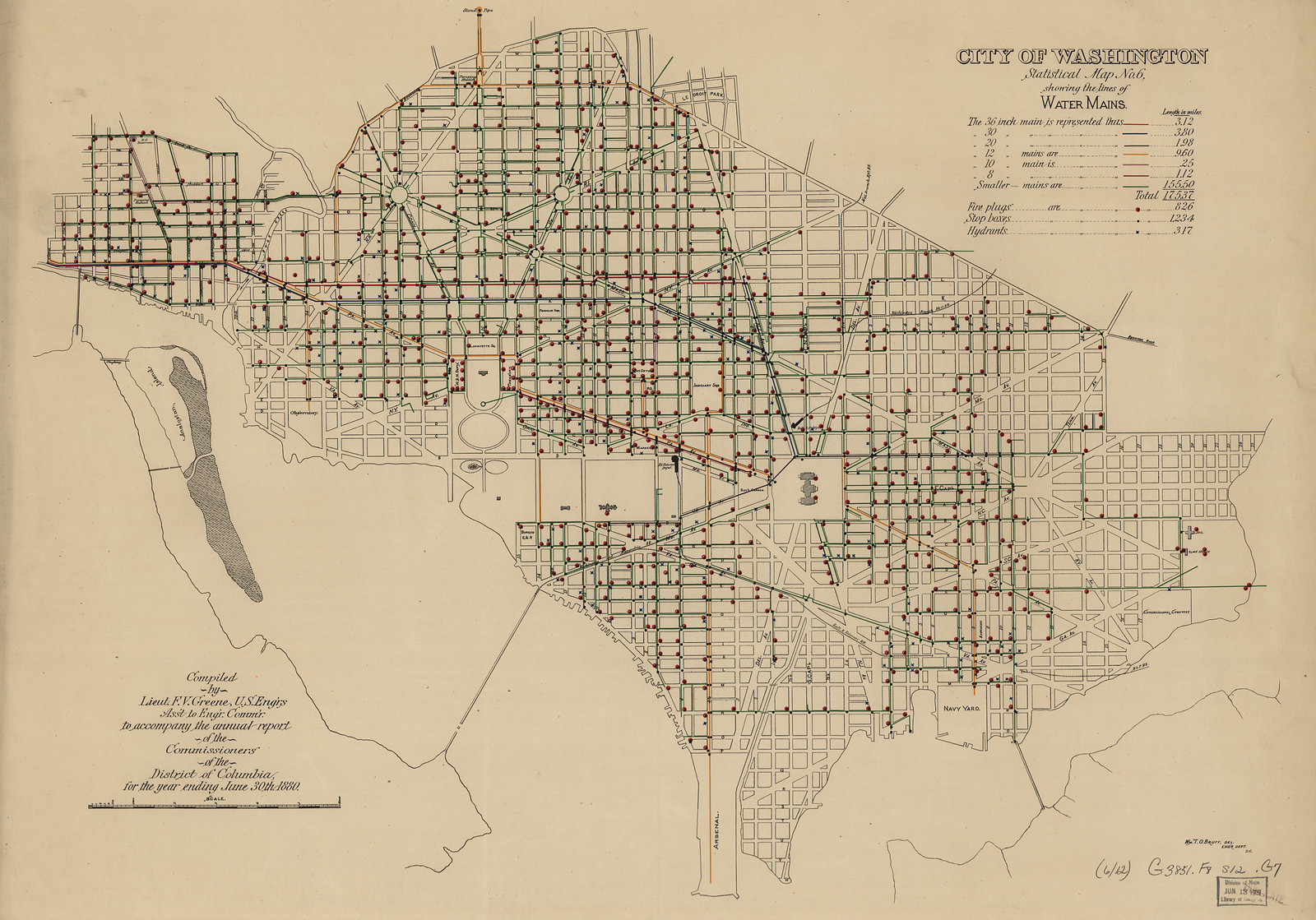 City of Washington, Statistical Map showing the Lines of Water Mains — antique map