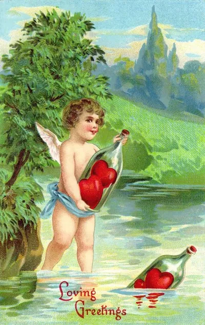 Cupid with hearts in bottle, Loving Greetings postcard