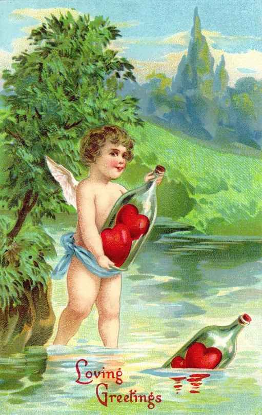 Cupid with hearts in bottle, Loving Greetings postcard — vintage postcard