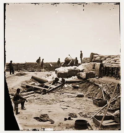 Yorktown Virginia (vicinity). Confederate fortifications reinforced with bales of c