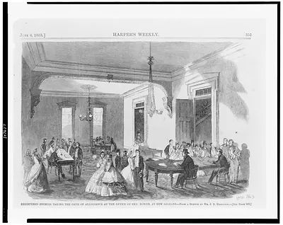 Registered enemies taking the oath of allegiance at the office of Gen. Bowen, at New Orleans / From a sketch by Mr. J.R. Hamilton.