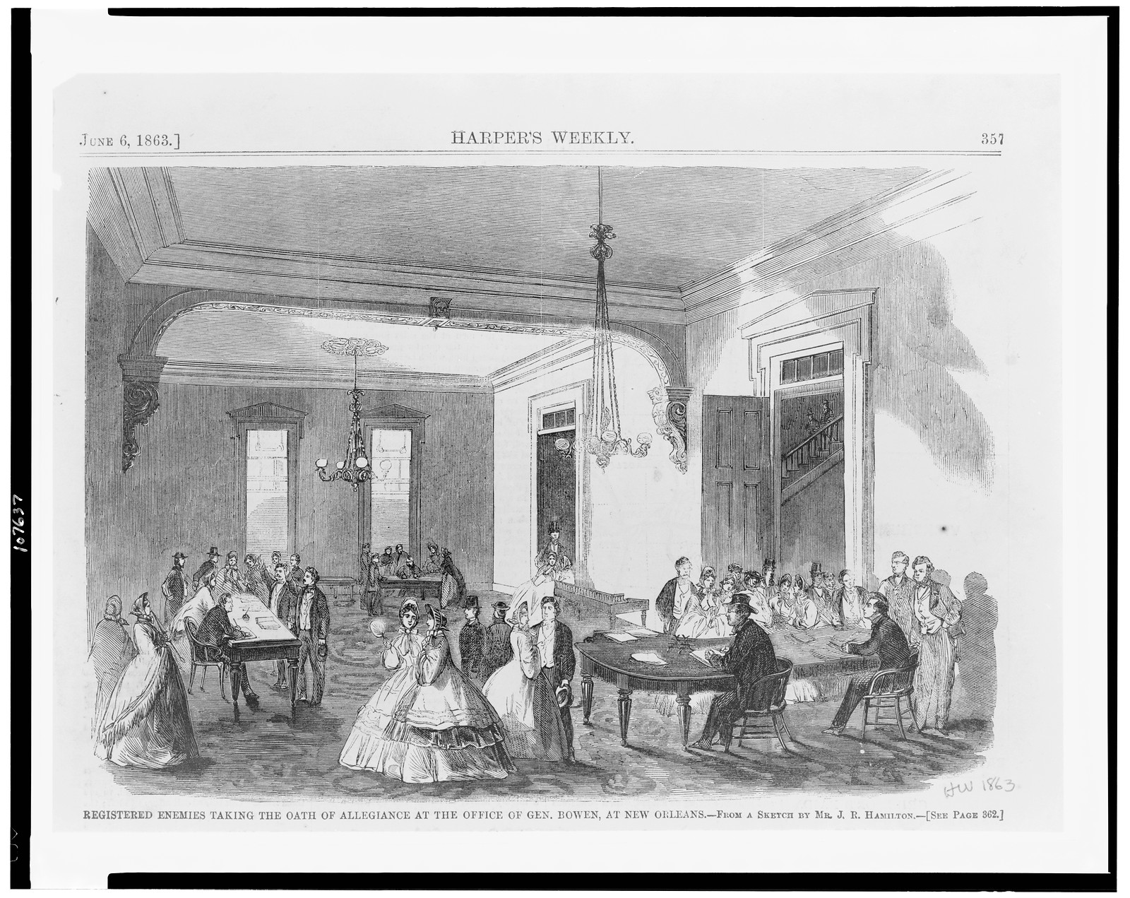 Registered enemies taking the oath of allegiance at the office of Gen. Bowen, at New Orleans / From a sketch by Mr. J.R. Hamilton., 1863 June 6. — antique engraving