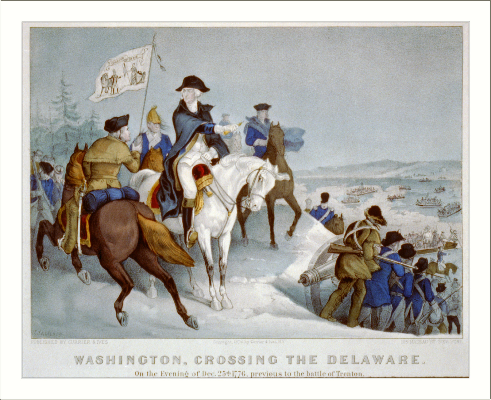 Washington crossing the Delaware: on the evening of Dec 25th. 1776, previous to the battle of Trenton, New York : Published by Currier & Ives, c1876. — antique lithograph