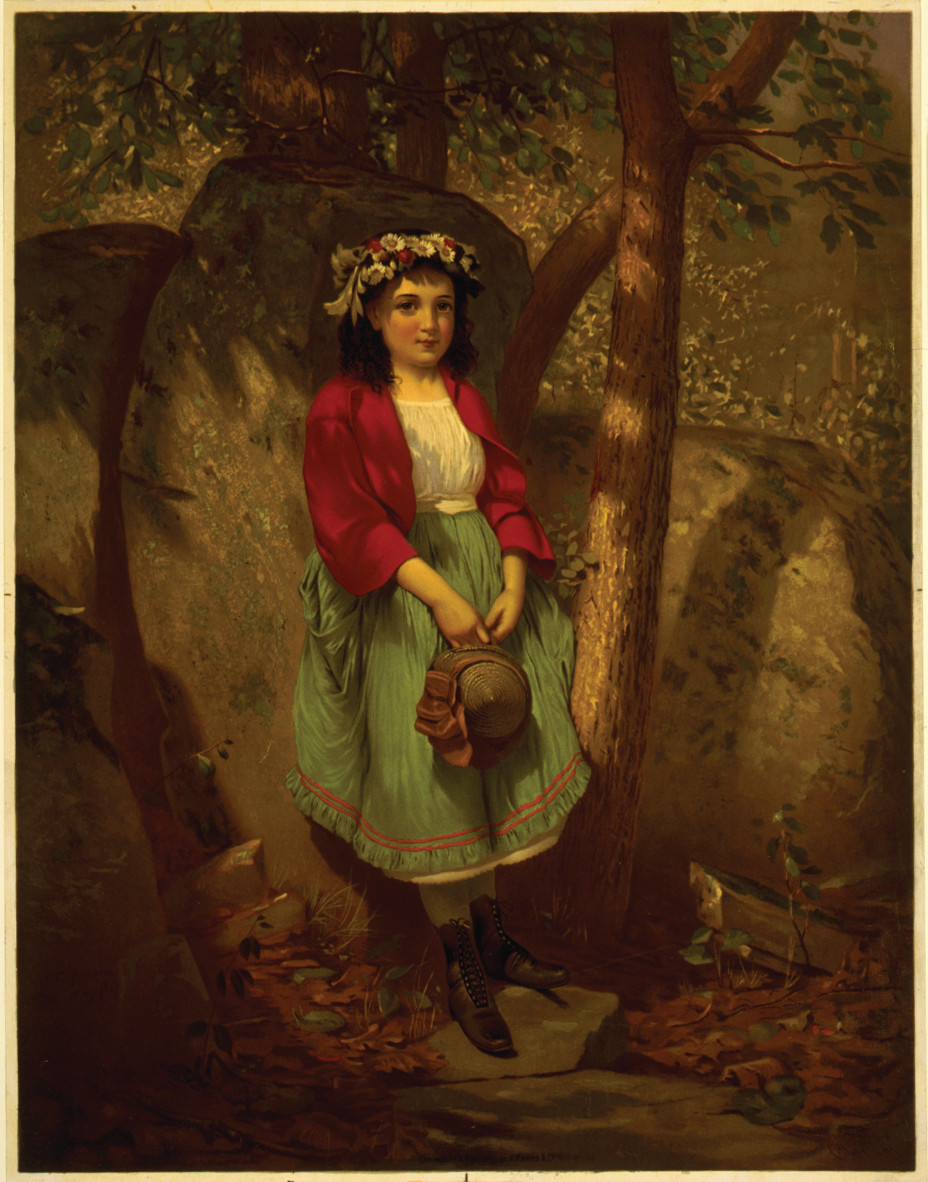 Girl in red jacket and flower wreath beside a tree — historic image